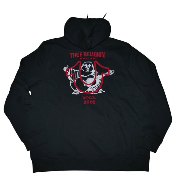 True Religion Buddha Hoodie Men's Size 3XL Sweatshirt Black Red Flocked Logo NWT - Picture 3 of 9